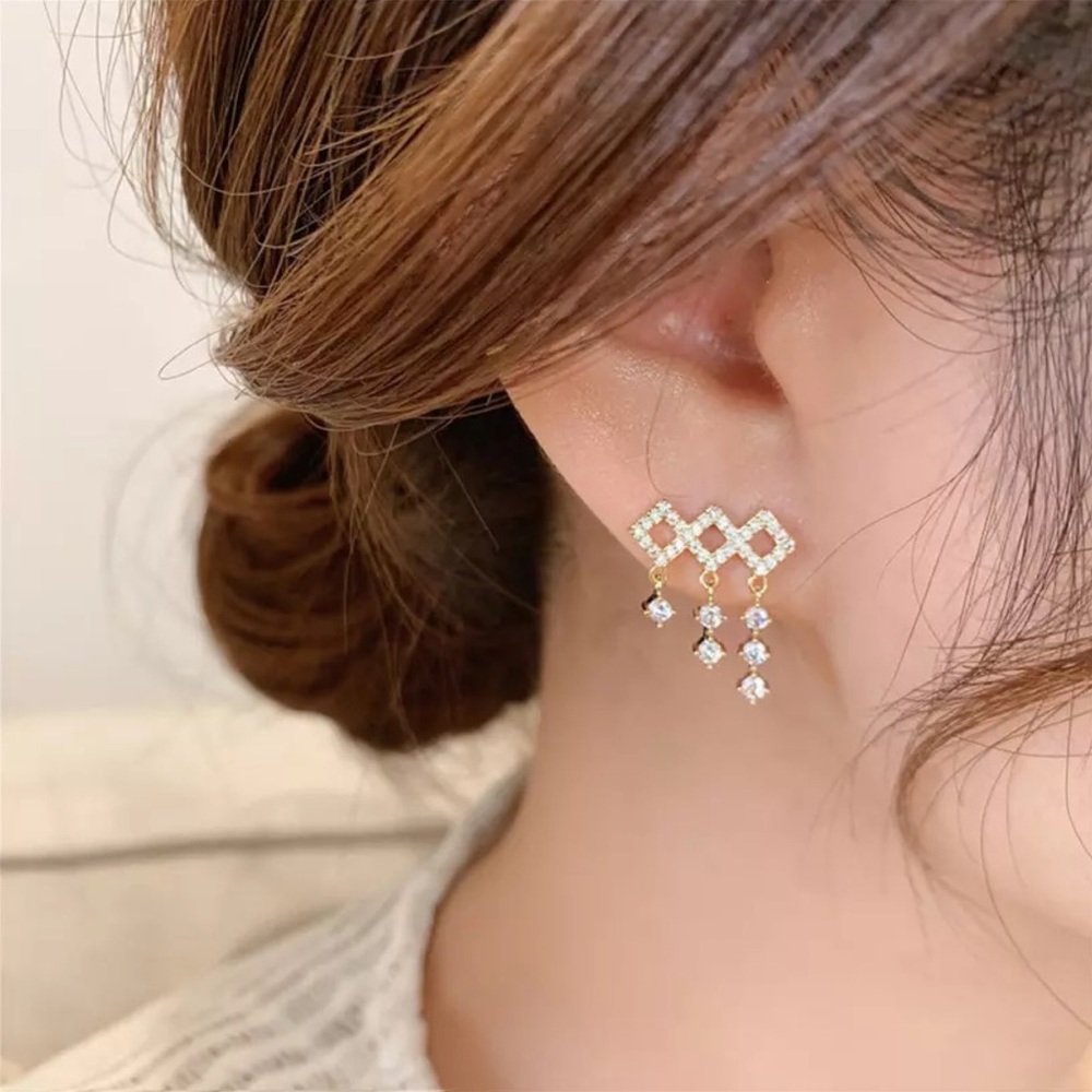 Diamond Shaped Crystal Earrings with Tassels - Picture 1 of 16